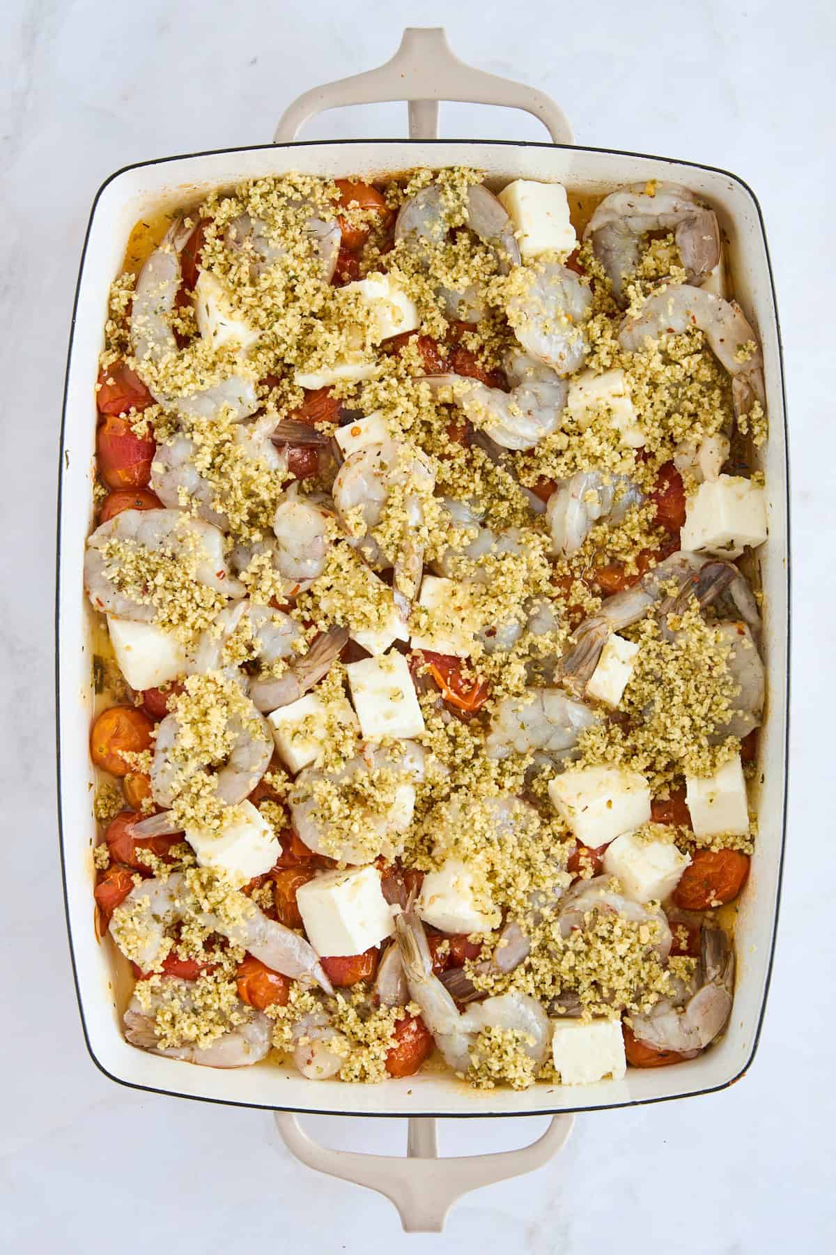 Raw Panko Shrimp and Feta Bake topped with breadcrumbs.