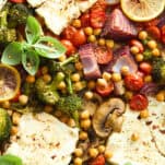 Baked sheet pan feta with veggies and chickpeas.