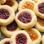 Jam thumbprint cookies with raspberry and apricot jam.