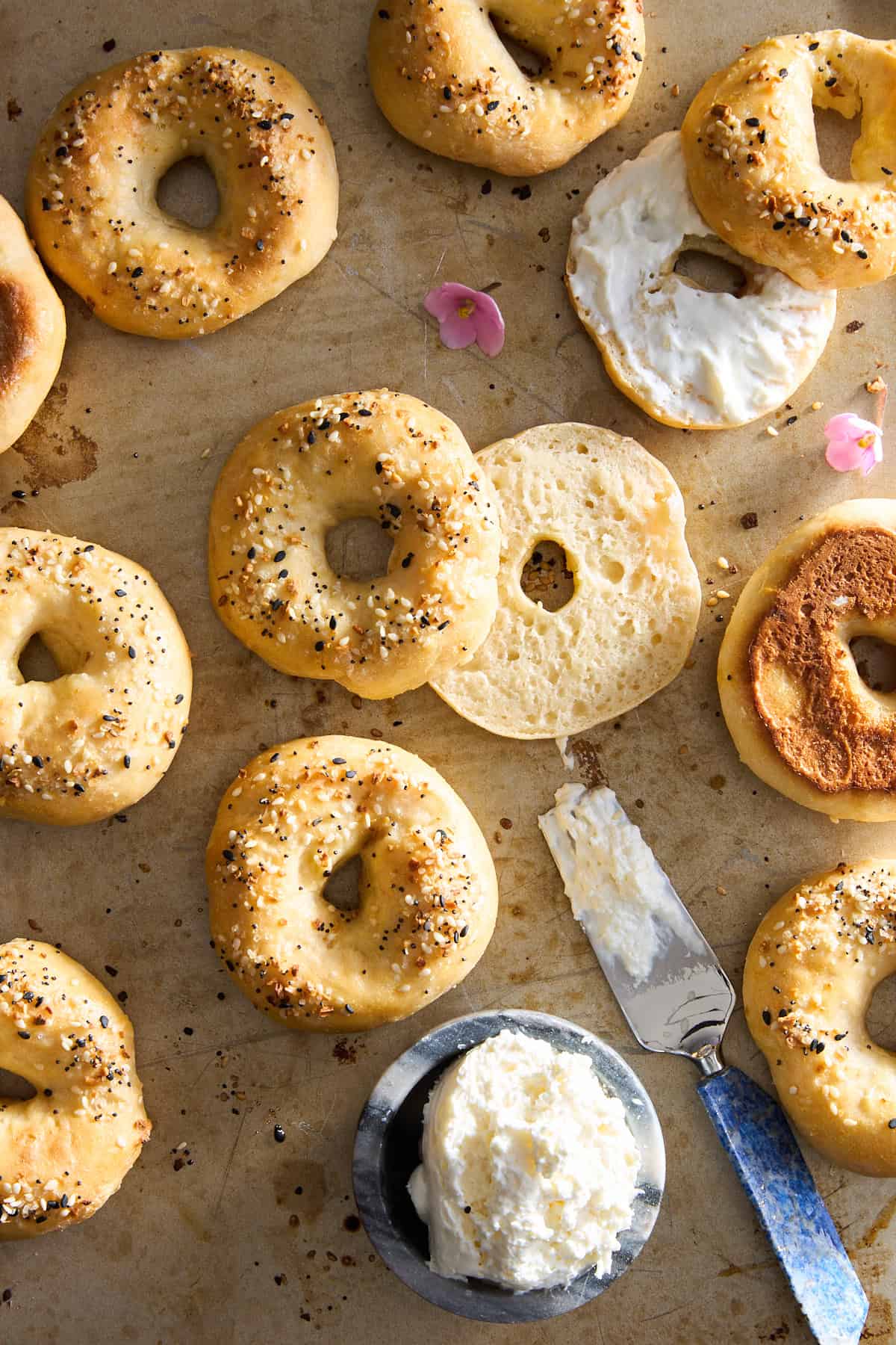 Everything but the bagel seasoning cottage cheese bagels.