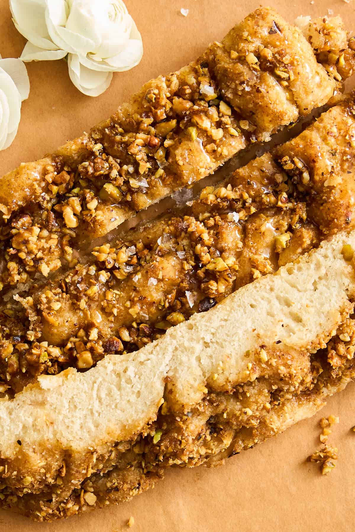 Slices of baklava dessert focaccia. 