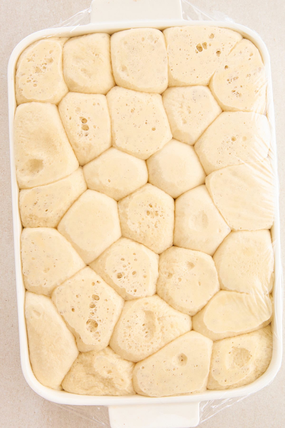 Raw dinner rolls rising in a baking dish. 
