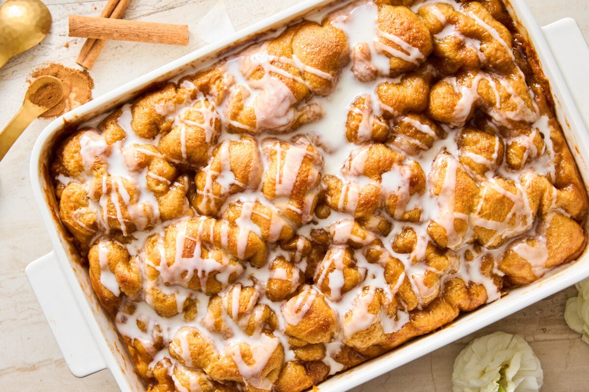 Cinnamon Roll Focaccia in a baking dish.