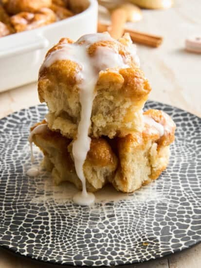 A slice of cinnamon roll focaccia on a plate.