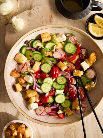 A large bowl of panzanella salad.