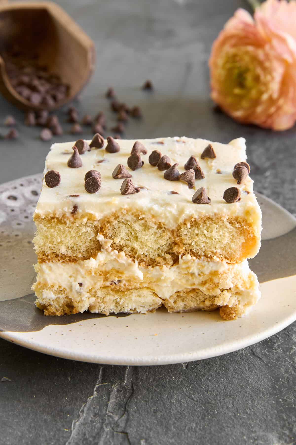 A slice of tiramisu cannoli topped with chocolate chips on a plate.