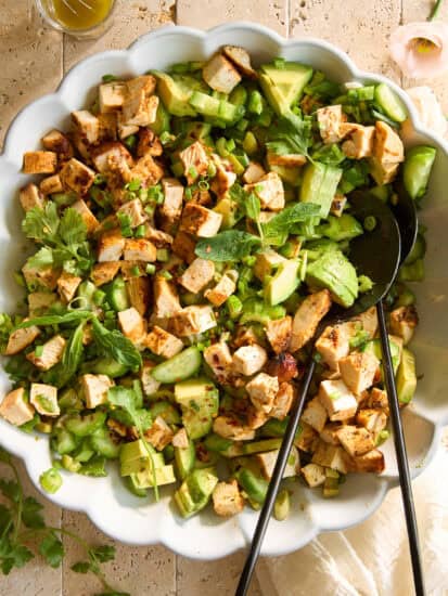 A bowl of avocado chicken salad.