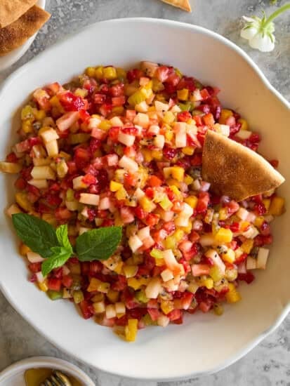 A bowl of fresh fruit salsa.