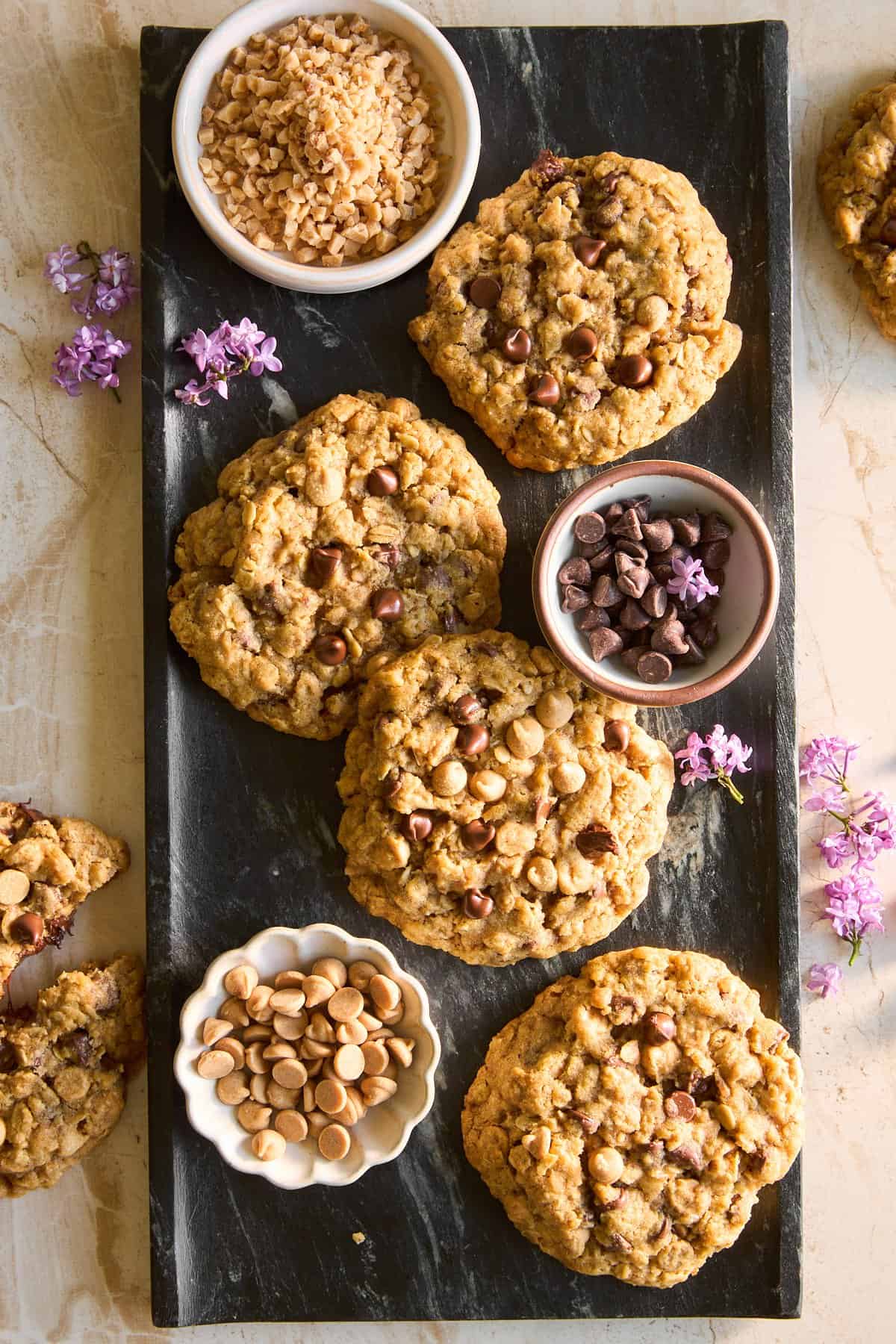 A platter of baked copcat Crumbl mom's cookies. 