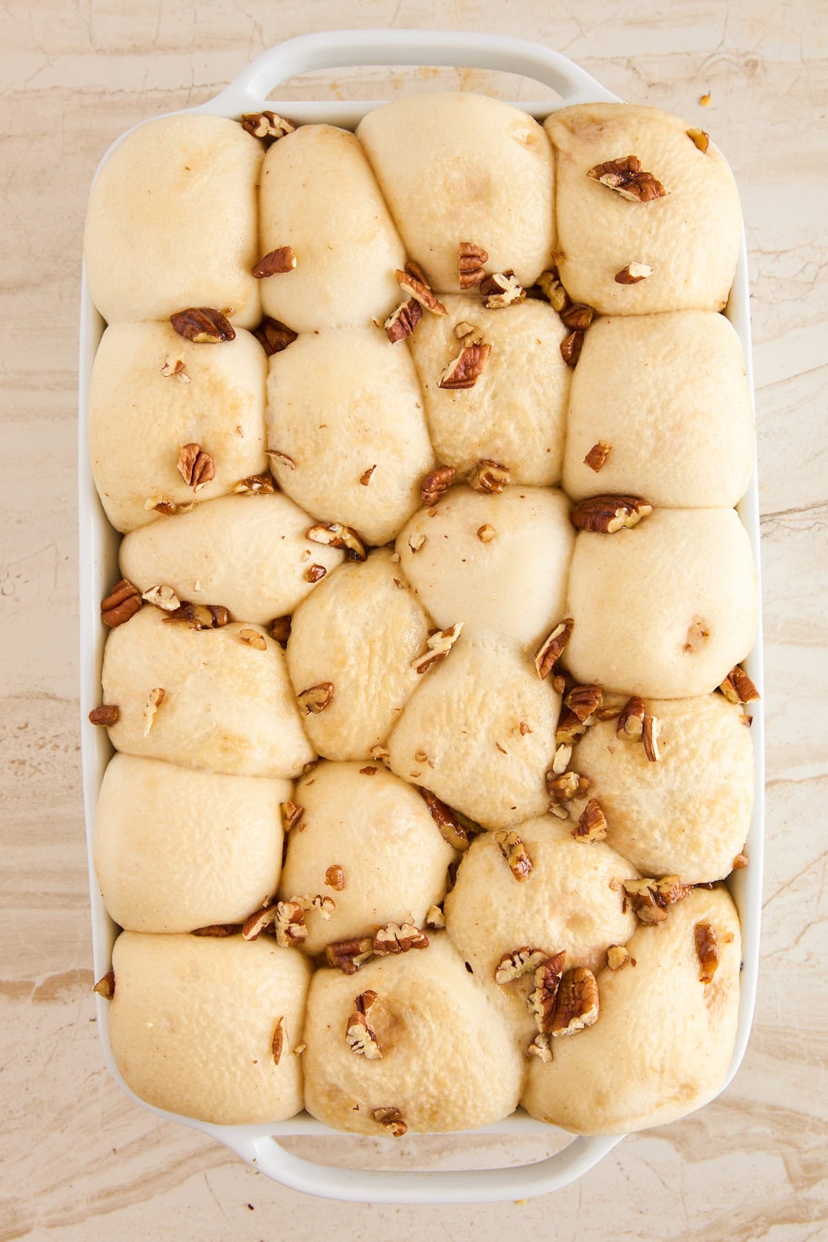 A white baking dish filled with unbaked, fluffy dough rolls topped with chopped pecans, arranged in a grid pattern on a light-colored surface.